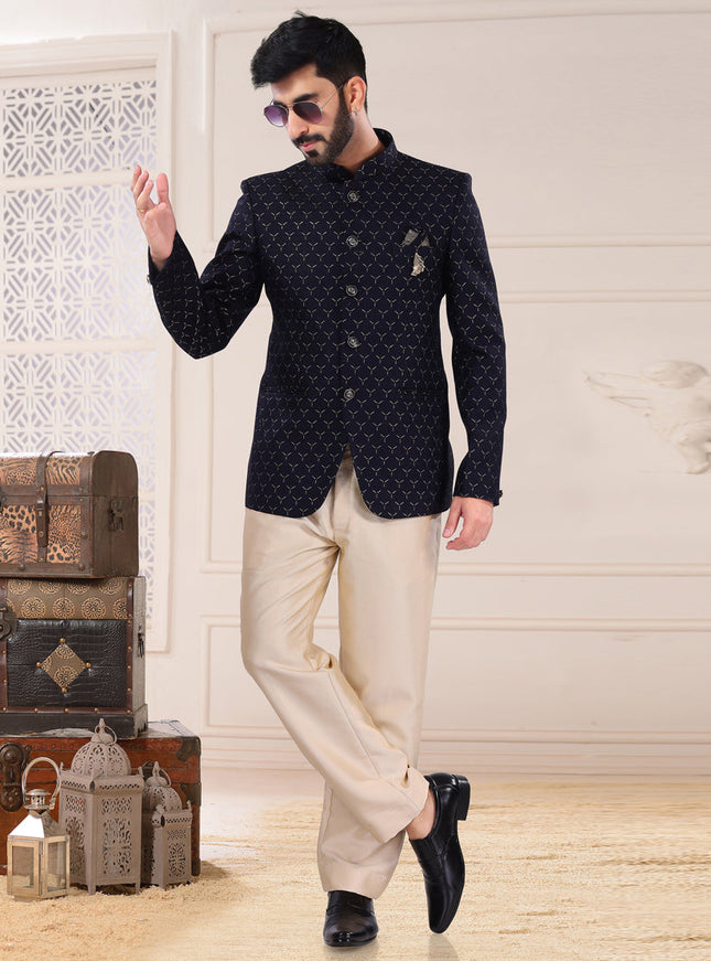 Midnight Blue Jacquard Jodhpuri Suit
