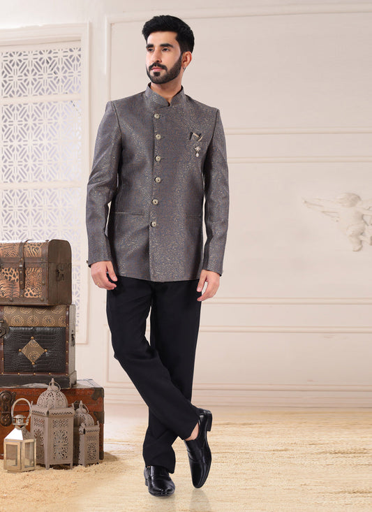 Grey Jacquard Jodhpuri Suit