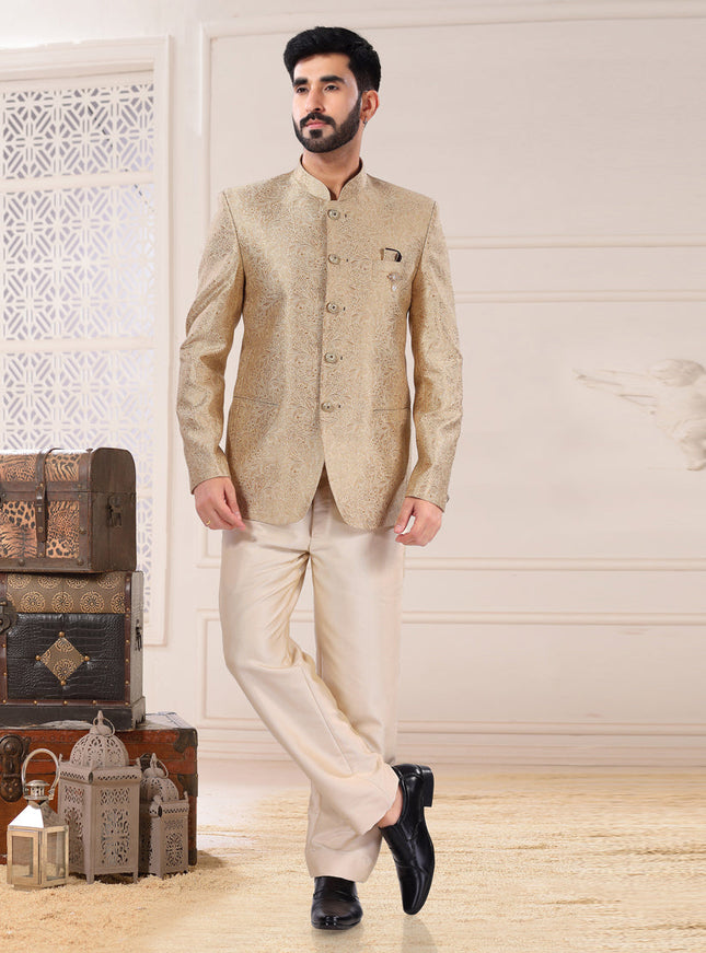 Golden Jacquard Jodhpuri Suit