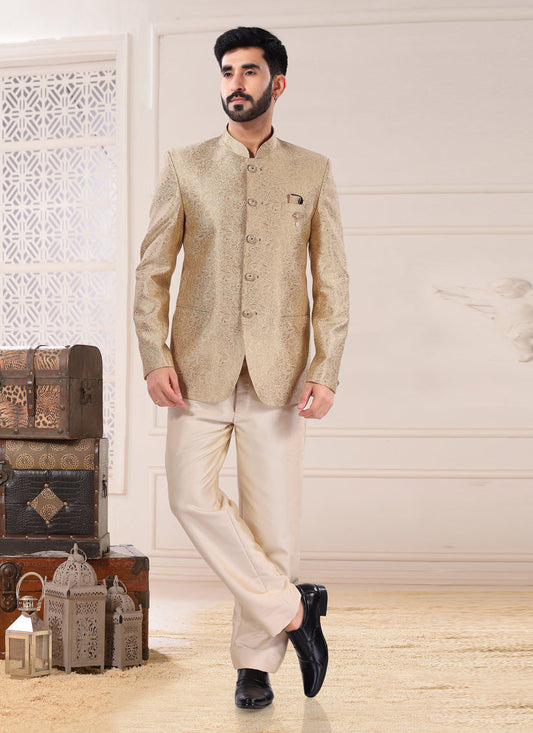 Golden Jacquard Jodhpuri Suit