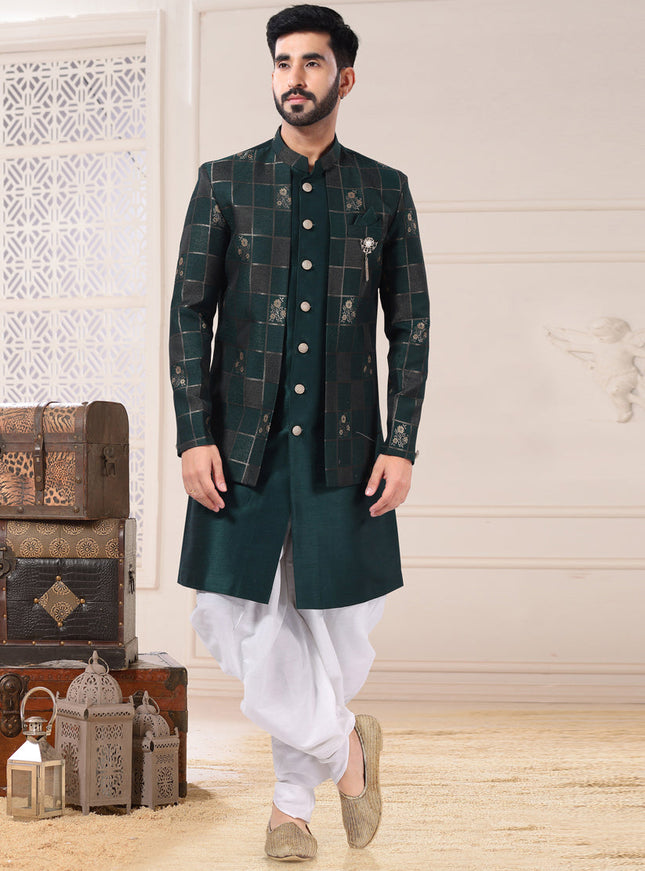 Bottle Green Silk Semi Indo Western Outfit