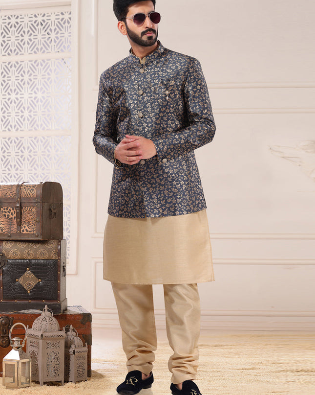 Golden and Navy Blue Jacquard Indo Western Outfit