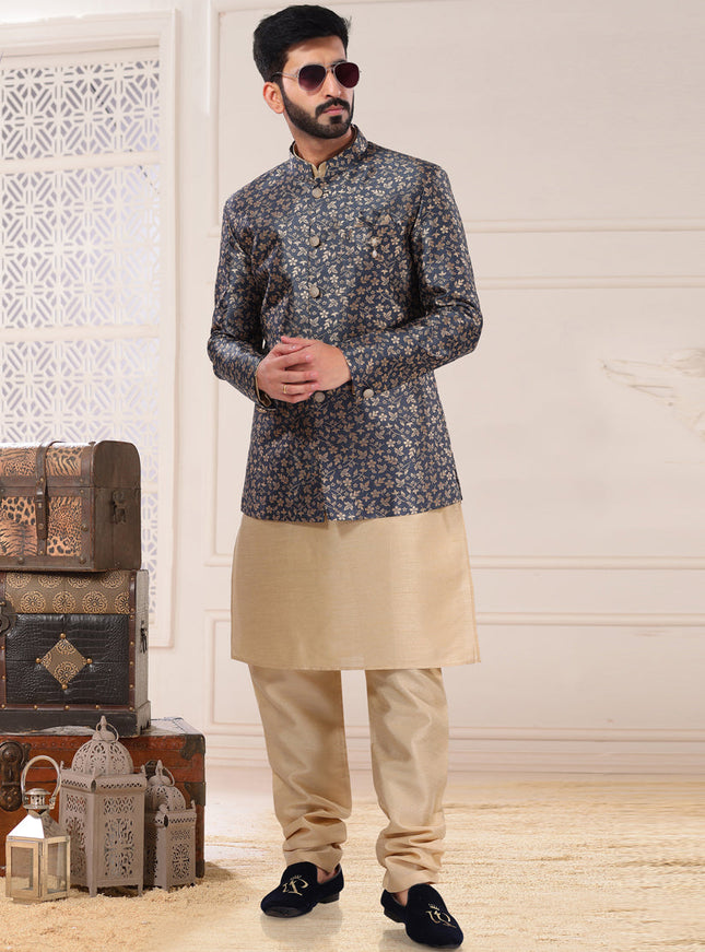 Golden and Navy Blue Jacquard Indo Western Outfit