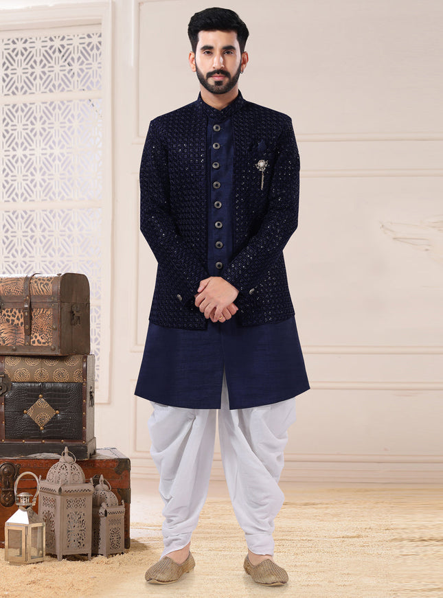 Navy Blue Silk Semi Indo Western Outfit