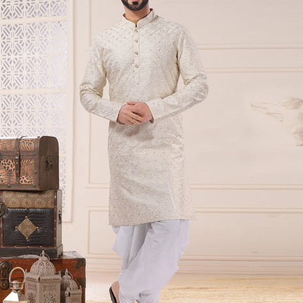 Cream Silk Dhori Kurta Set