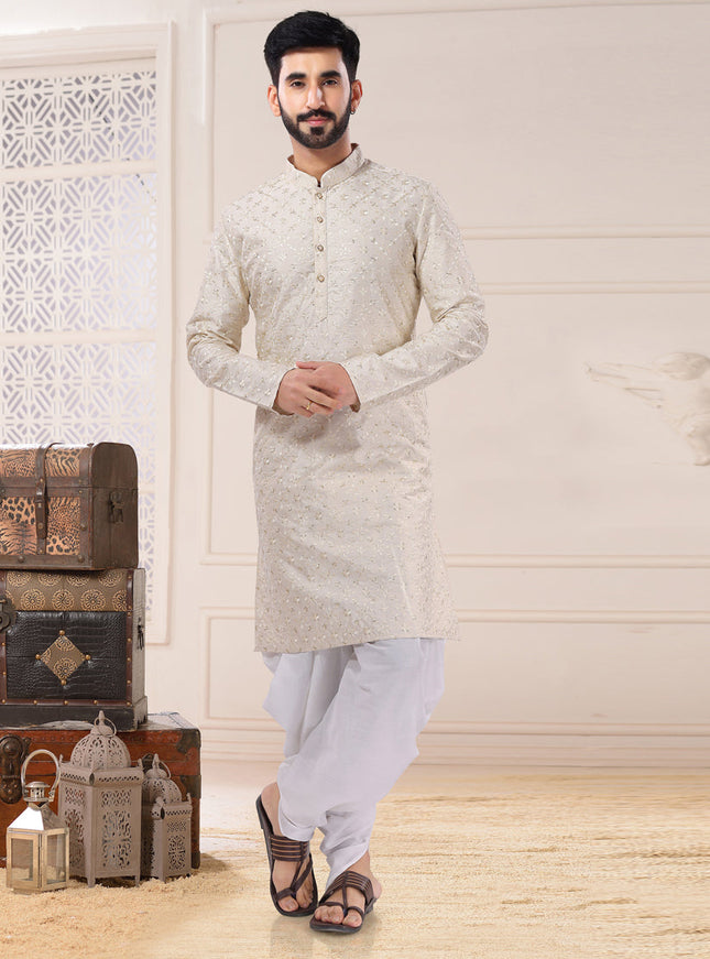 Cream Silk Dhori Kurta Set