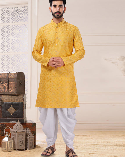 Yellow Silk Dhori Kurta Set