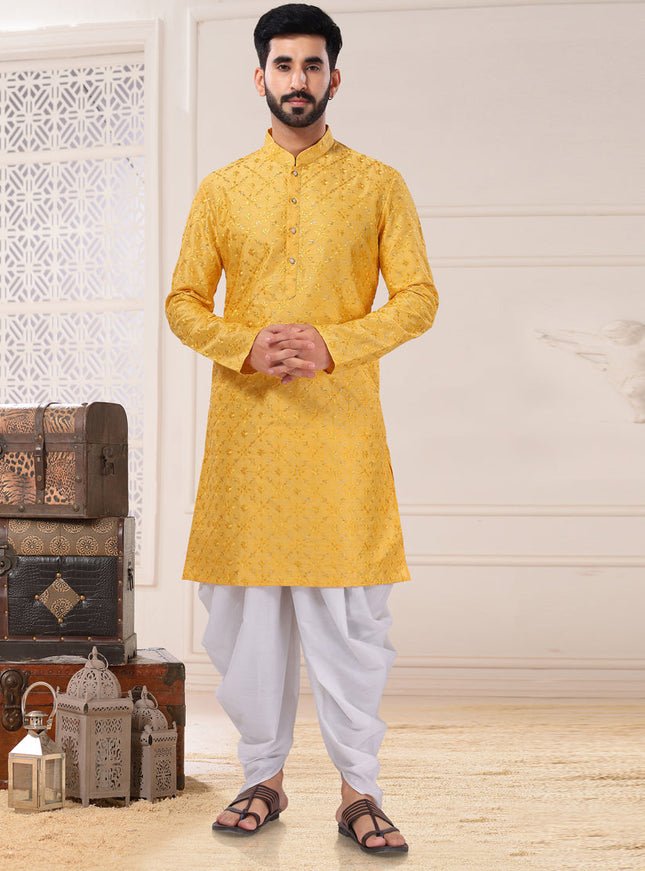 Yellow Silk Dhori Kurta Set