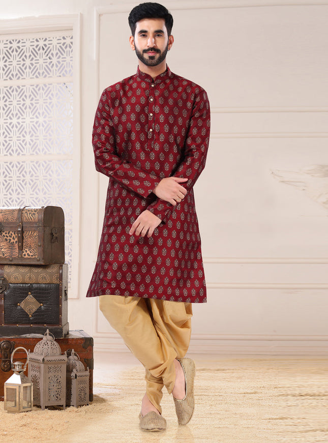Maroon Jacquard Kurta Pyjama Set