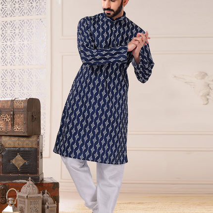 Navy Blue Cotton Kurta Pyjama Set