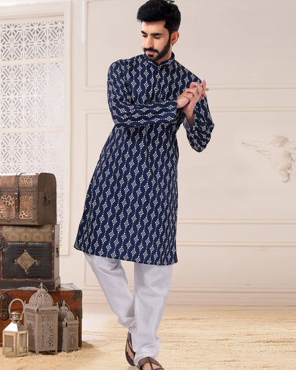 Navy Blue Cotton Kurta Pyjama Set