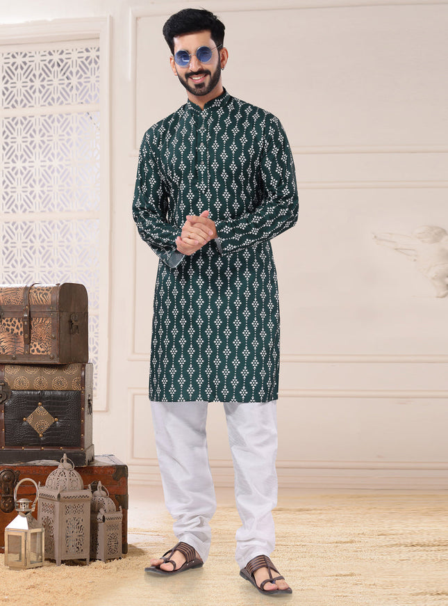 Green Cotton Kurta Pyjama Set