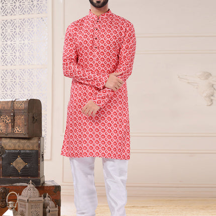 Red Cotton Kurta Pyjama Set