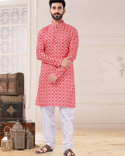 Red Cotton Kurta Pyjama Set
