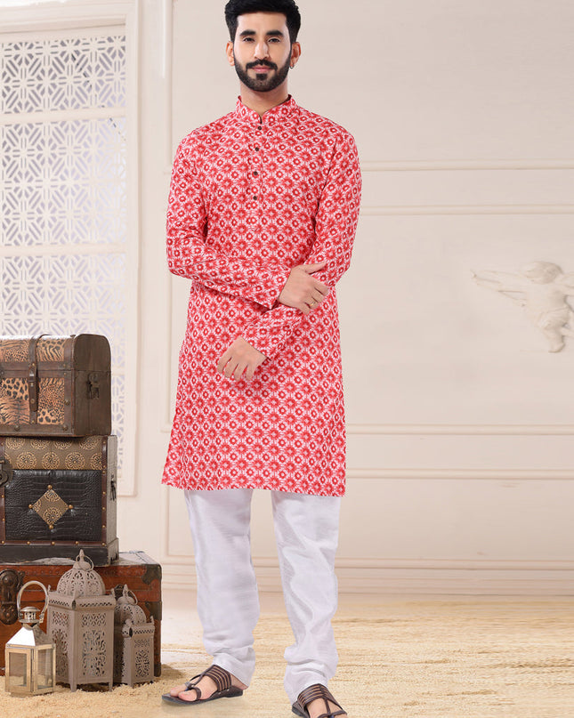 Red Cotton Kurta Pyjama Set