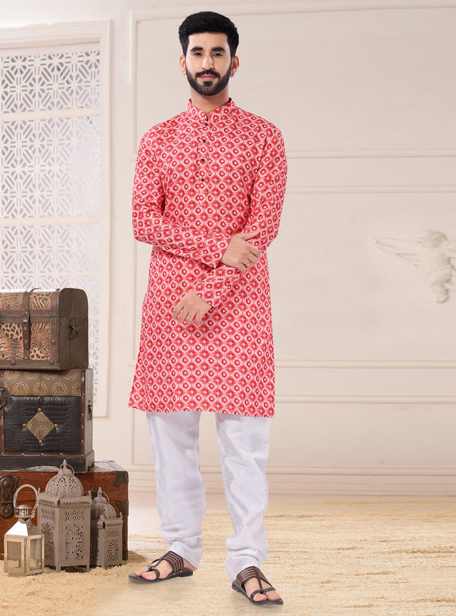 Red Cotton Kurta Pyjama Set