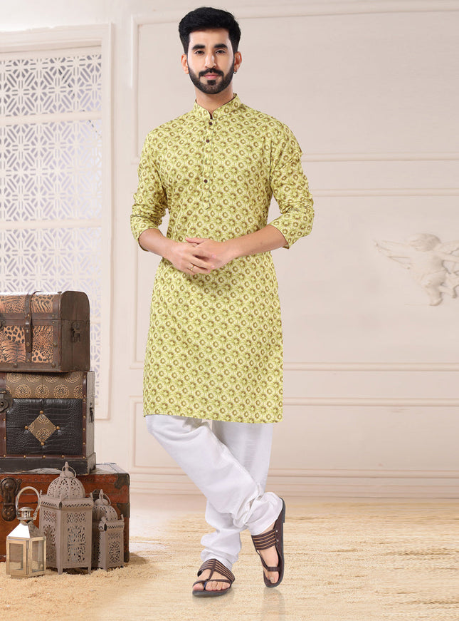 Pista Green Cotton Kurta Pyjama Set