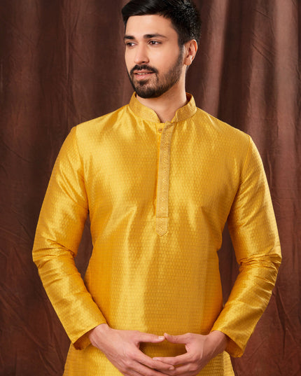 Golden Yellow Jacquard Men Kurta Pyjama Set