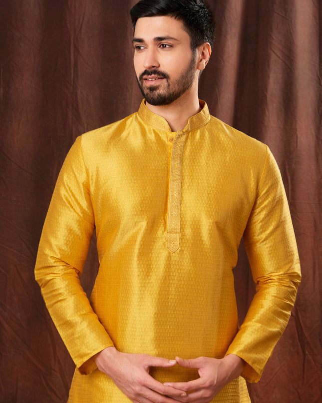 Golden Yellow Jacquard Men Kurta Pyjama Set