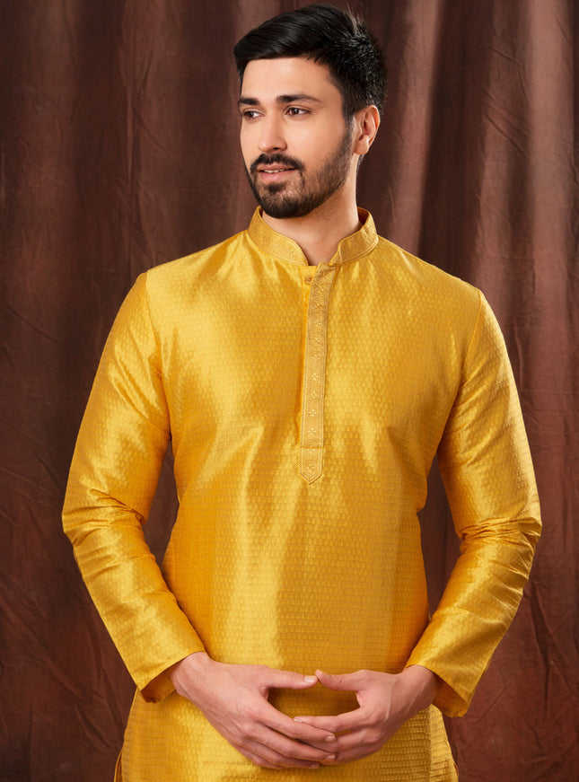Golden Yellow Jacquard Men Kurta Pyjama Set