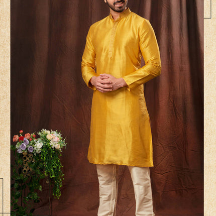 Golden Yellow Jacquard Men Kurta Pyjama Set