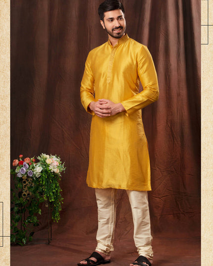 Golden Yellow Jacquard Men Kurta Pyjama Set