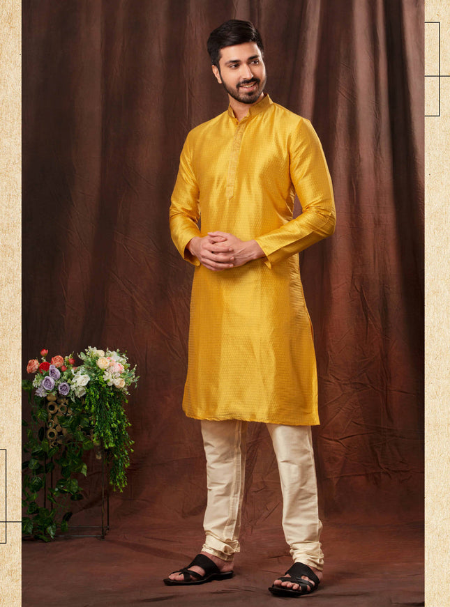 Golden Yellow Jacquard Men Kurta Pyjama Set