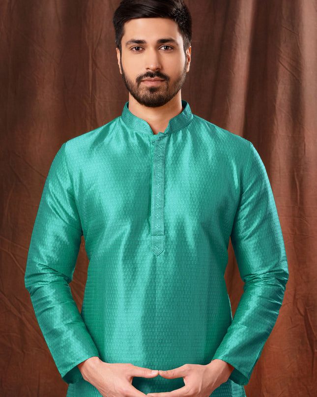 Turquoise Jacquard Men Kurta Pyjama Set