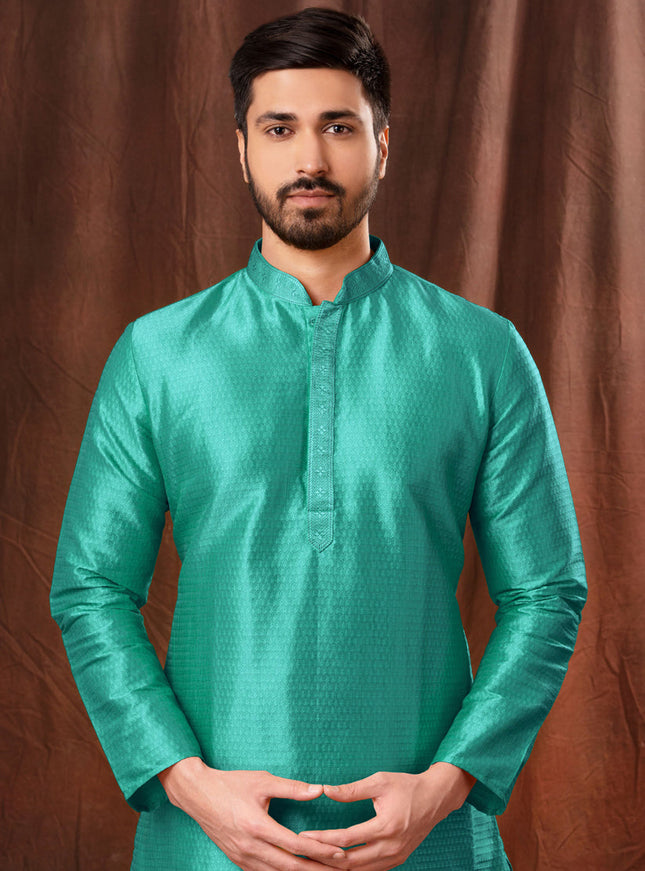 Turquoise Jacquard Men Kurta Pyjama Set