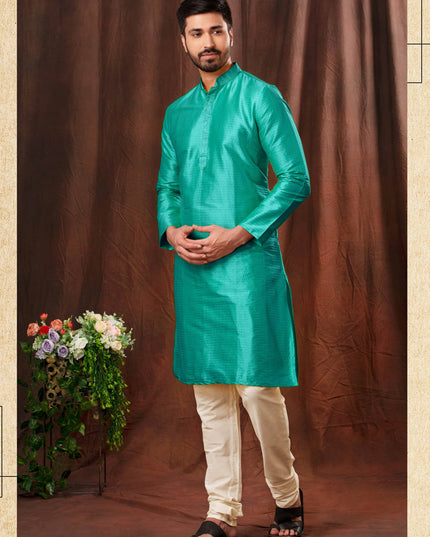 Turquoise Jacquard Men Kurta Pyjama Set
