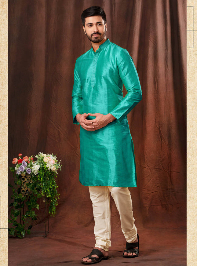 Turquoise Jacquard Men Kurta Pyjama Set