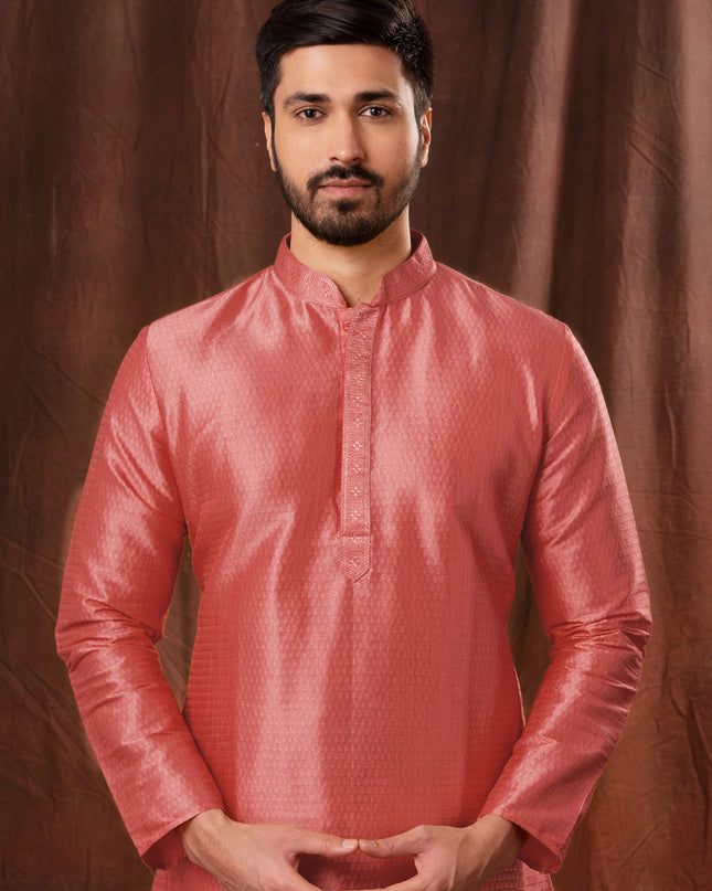Salmon Pink Jacquard Men Kurta Pyjama Set