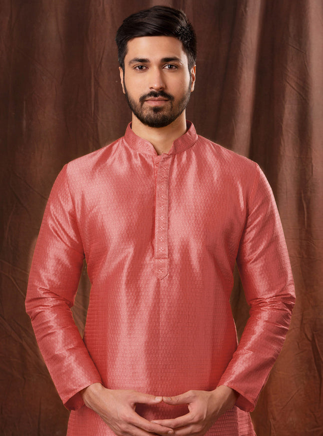 Salmon Pink Jacquard Men Kurta Pyjama Set