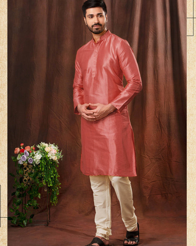 Salmon Pink Jacquard Men Kurta Pyjama Set