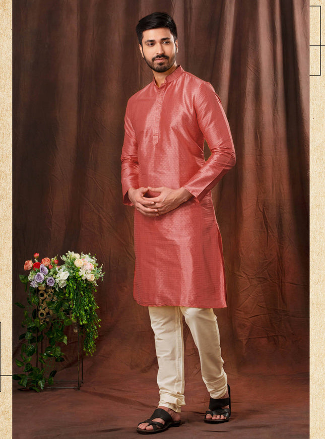 Salmon Pink Jacquard Men Kurta Pyjama Set