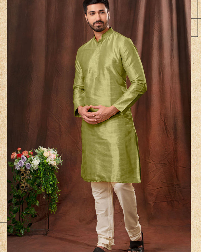 Pear Green Jacquard Men Kurta Pyjama Set