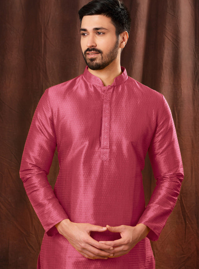 Onion Pink Jacquard Men Kurta Pyjama Set