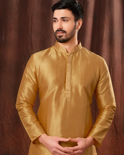 Golden Jacquard Men Kurta Pyjama Set