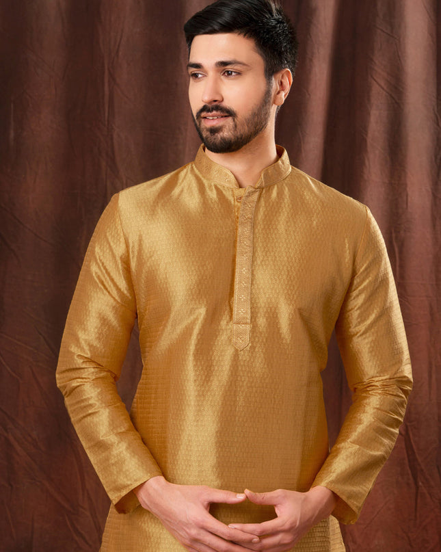Golden Jacquard Men Kurta Pyjama Set