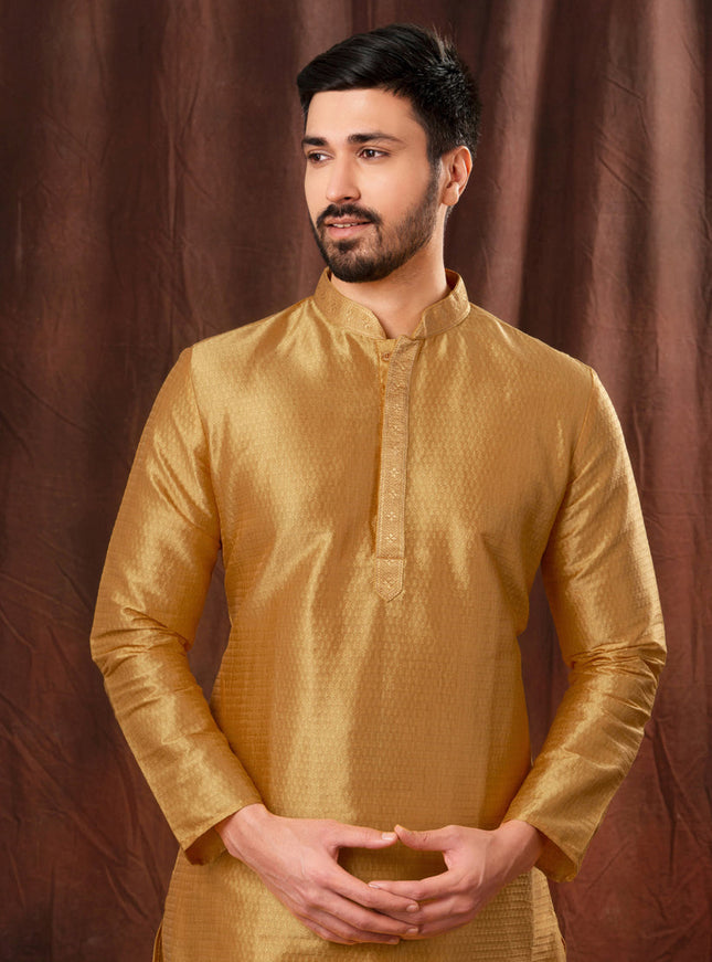 Golden Jacquard Men Kurta Pyjama Set