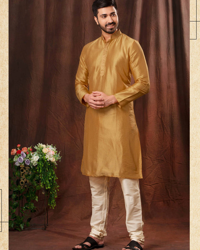 Golden Jacquard Men Kurta Pyjama Set