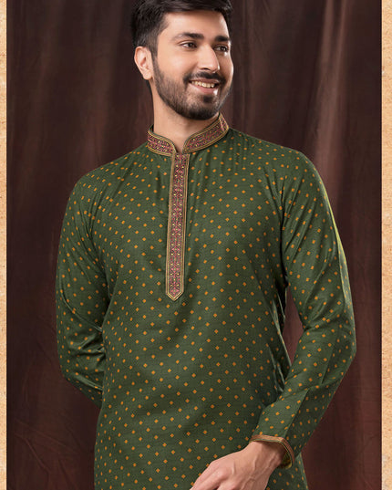 Moss Green Polyester Printed Kurta Pyjama Set