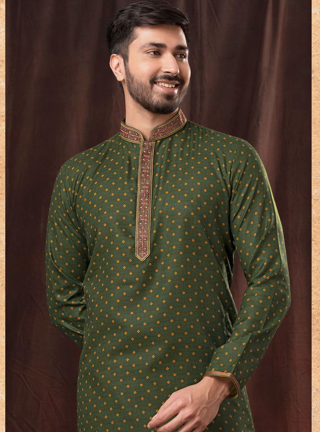 Moss Green Polyester Printed Kurta Pyjama Set