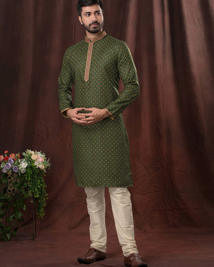 Moss Green Polyester Printed Kurta Pyjama Set
