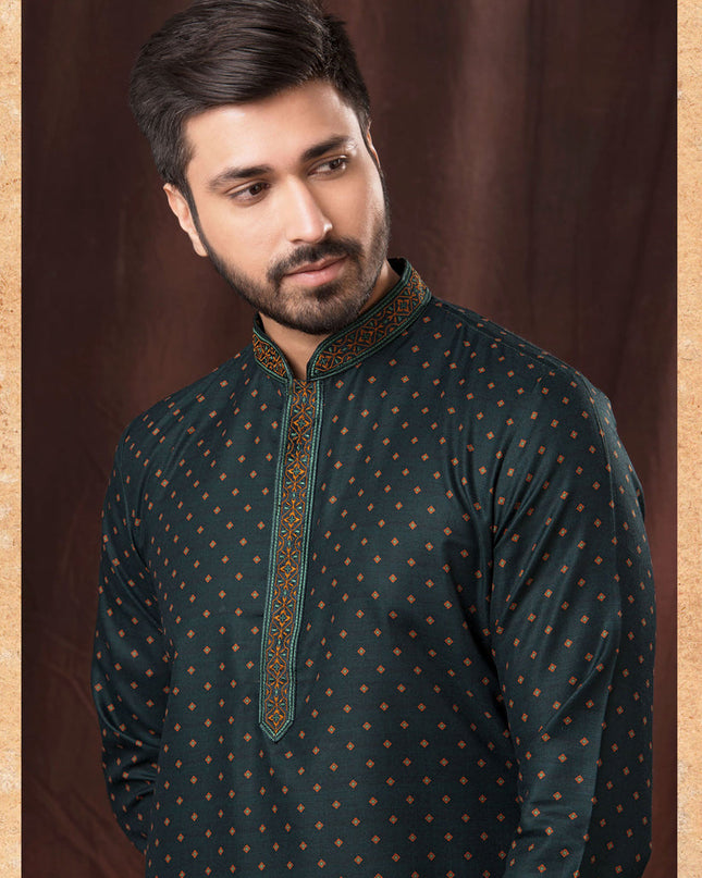 Peacock Blue Polyester Printed Kurta Pyjama Set