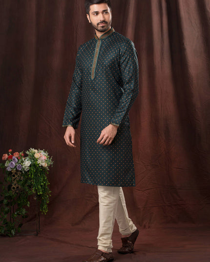 Peacock Blue Polyester Printed Kurta Pyjama Set