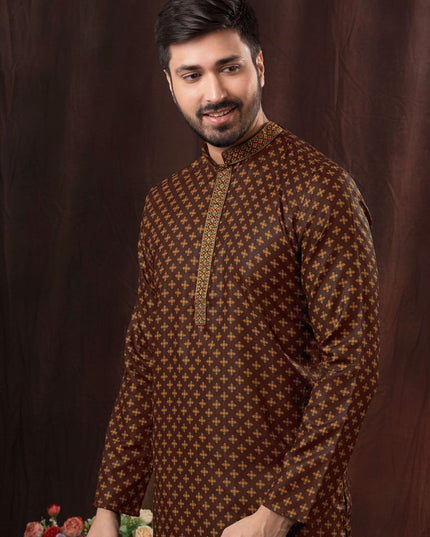 Chocolate Brown Polyester Printed Kurta Pyjama Set
