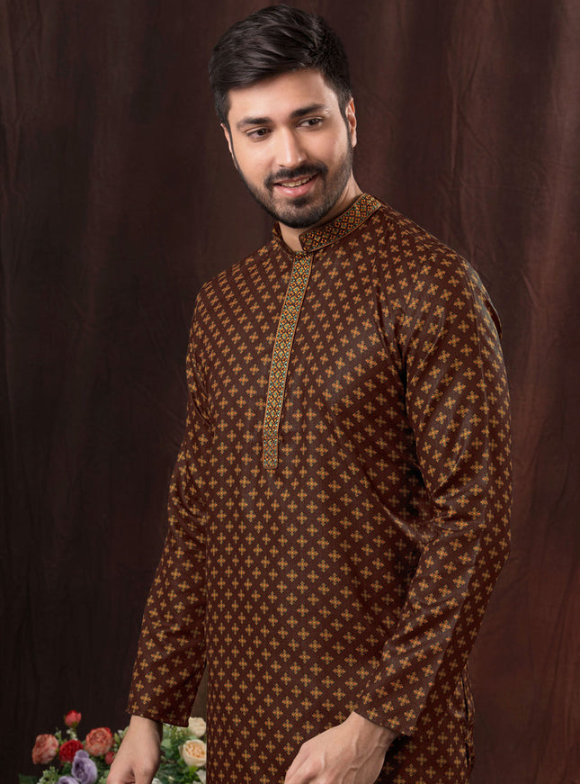 Chocolate Brown Polyester Printed Kurta Pyjama Set