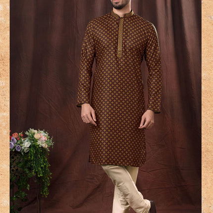 Chocolate Brown Polyester Printed Kurta Pyjama Set