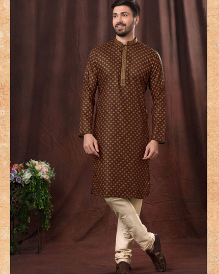 Chocolate Brown Polyester Printed Kurta Pyjama Set